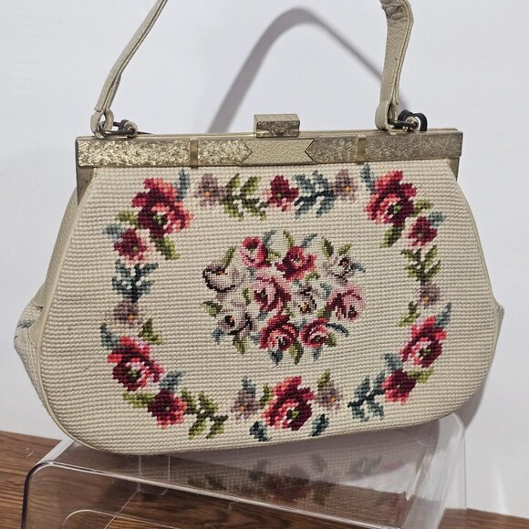 Vintage Floral Needlepoint Handbag Metal Frame Elegant Unique Granny 1960s - Picture 8 of 16